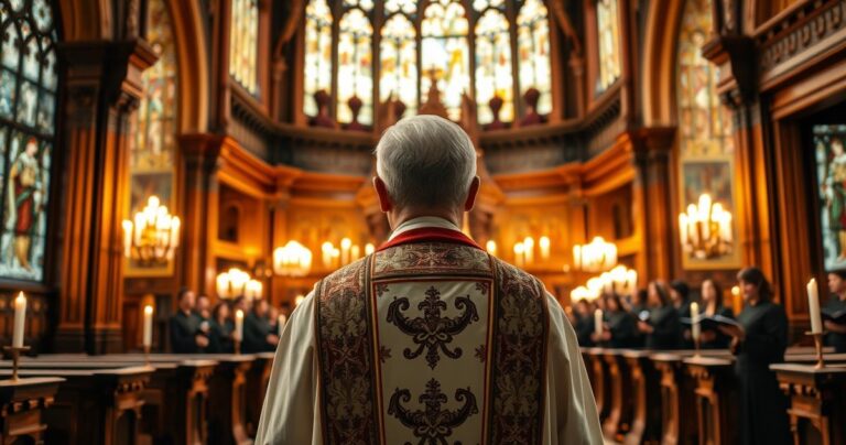 Reverentny obraz katolickiego księdza w tradycyjnej świątyni, modlącego się przy ołtarzu z zapalonymi świecami i chórem gregoriańskim w tle