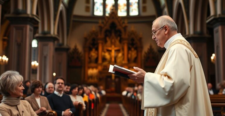 Reverentny katolicki ksiądz głosi homilię w tradycyjnej świątyni, z wiernymi, podkreślając autentyczną wiarę i powagę liturgii