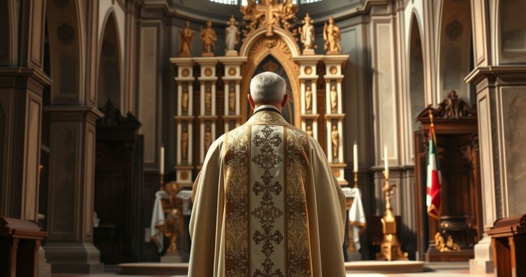 Tradycyjny katolicki ksiądz w szatach liturgicznych przed ołtarzem w klasycznym wnętrzu kościoła, symbolizujący wiarę i troskę o wolność religijną na Ukrainie.