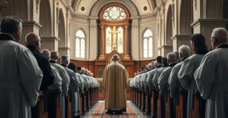 Reverent Catholic clergy w słynnej świątyni podczas ważnej liturgii, symbolizującej tradycyjną wiarę i powagę Kościoła