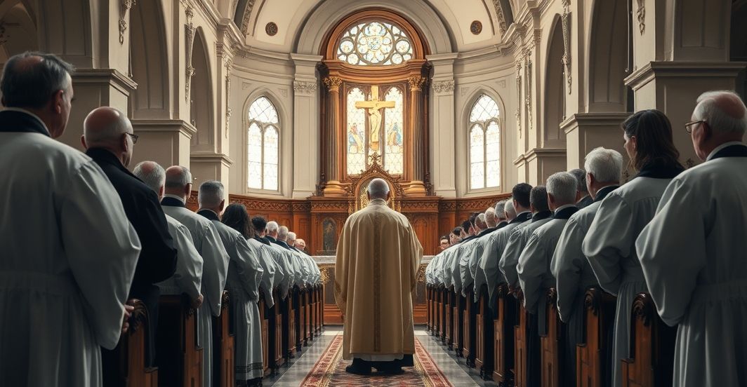 Tradycyjny katolicki obrzęd w świątyni w obliczu współczesnych wyzwań Reverent Catholic clergy w słynnej świątyni podczas ważnej liturgii, symbolizującej tradycyjną wiarę i powagę Kościoła