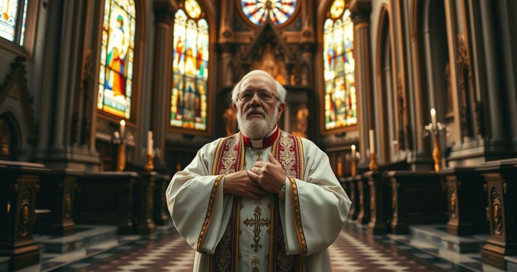 Tradycyjny katolicki kapłan w liturgii, odmawiający chorał gregoriański w kościele o bogatym wystroju, oddający powagę i głębię katolickiej tradycji liturgicznej
