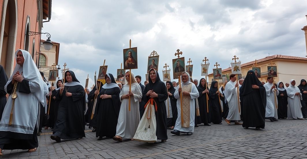 Tradycyjny katolicki marsz pielgrzymkowy - obraz wiernej pobożności Fotografia realistycznego katolickiego pielgrzymowania z modlącymi się wiernymi, w tradycyjnym stroju, w duchu pobożności i pokory, bez elementów symbolicznych czy surrealistycznych