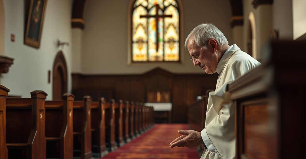 Rewerentny katolicki mężczyzna modlący się w tradycyjnej świątyni, wyraz głębokiej wiary i pokory