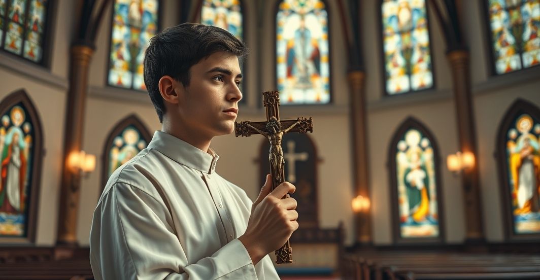 Rekonstruowana scena katolickiego młodego mężczyzny modlącego się w tradycyjnym wnętrzu kościoła, symbolizującego wierność wierze i walkę o moralność.