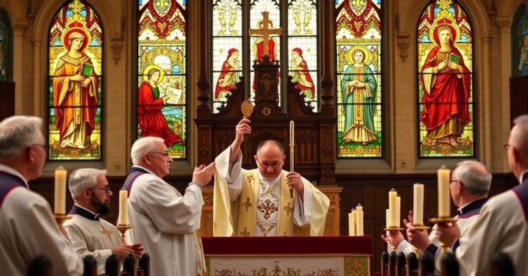 Tradycyjny katolicki mszał z podniesionym hostią podczas konsekracji w starym kościele z witrażami przedstawiającymi świętych.