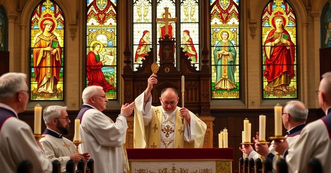 Tradycyjny katolicki mszał z podniesionym hostią podczas konsekracji w starym kościele z witrażami przedstawiającymi świętych.