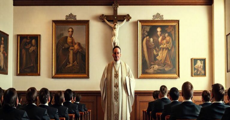 Obraz tradycyjnego katolickiego nauczyciela w klasie, podkreślający wagę wiary i nauki Chrystusa w edukacji, z krzyżem i sakralnym tłem
