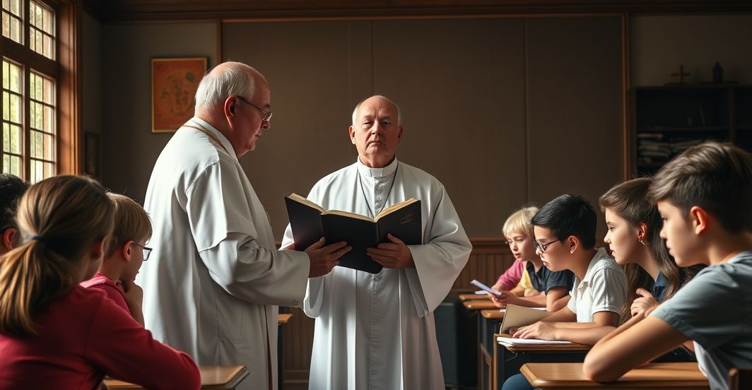 Obraz tradycyjnego katolickiego nauczyciela w klasie, podkreślający wagę wiary i nauki Chrystusa w edukacji, z krzyżem i sakralnym tłem