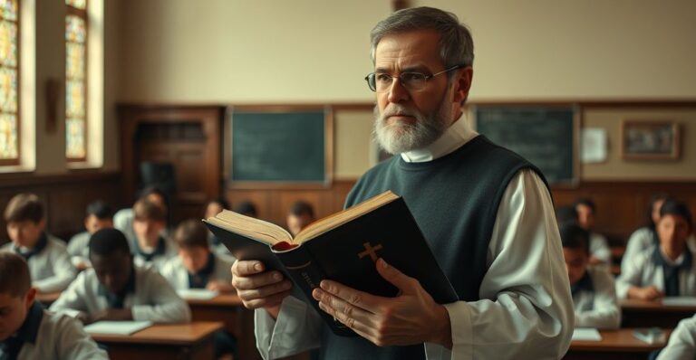 Reverentny obraz katolickiego nauczyciela w tradycyjnym otoczeniu, podkreślający potrzebę moralnego prawa i chrześcijańskiego panowania w obliczu przemocy