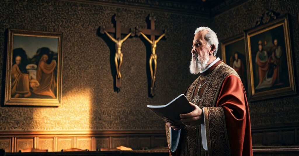 Obraz katolickiego duchownego uczącego w tradycyjnej klasie, podkreślający autentyczną naukę wiary przeciwko nowoczesnym błędom