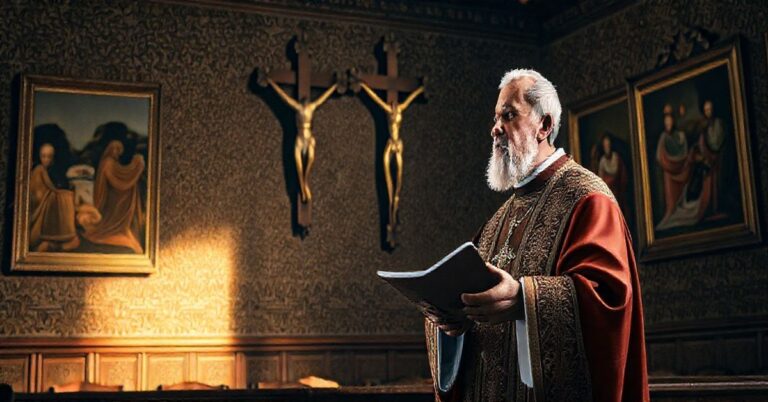 Obraz katolickiego duchownego uczącego w tradycyjnej klasie, podkreślający autentyczną naukę wiary przeciwko nowoczesnym błędom