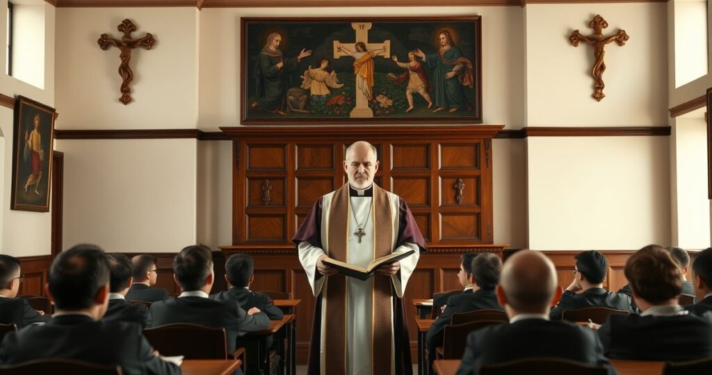 Tradycyjny katolicki ksiądz nauczający w klasie, powaga i wierna prezentacja wartości katolickich, symbolizujący obronę nauki Kościoła przeciw nowoczesnym kompromisom