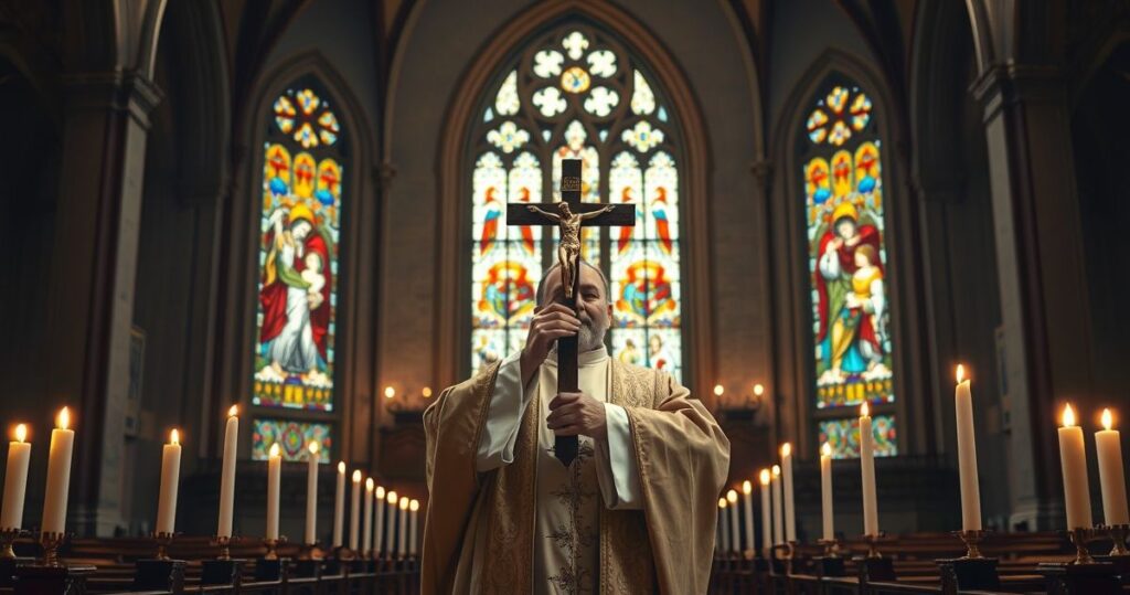 Religijny obraz katolicki z kapłanem trzymającym krzyż w tradycyjnym wnętrzu kościoła, symbolizujący wierność naukom Kościoła wobec kontrowersji kulturowych