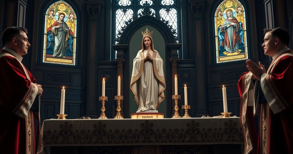Rewersyjna scena katolicka z tradycyjnym ołtarzem i statuetką Matki Bożej w kaplicy, podkreślająca autentyczną czystość kultu maryjnego