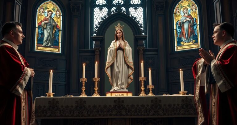 Rewersyjna scena katolicka z tradycyjnym ołtarzem i statuetką Matki Bożej w kaplicy, podkreślająca autentyczną czystość kultu maryjnego