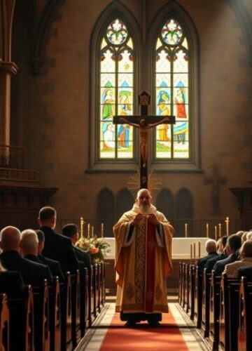 Tradycyjna katolicka scena modlitewna w świątyni z kapłanem Fotografia realistyczna ukazująca wiernych modlących się w tradycyjnej katolickiej świątyni, z kapłanem w ornatach, podkreślająca wierność starej nauce Kościoła i duchową pobożność.