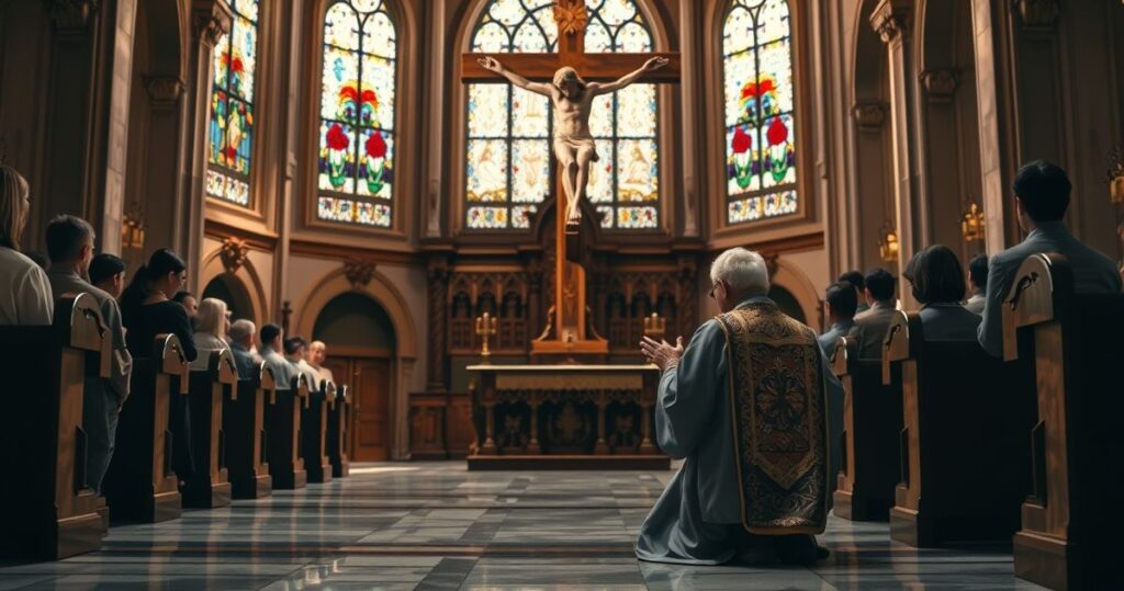 Rekolekcjonista modlący się przed krucyfiksem w klasycznym wnętrzu kościoła, symbolizujący wierność tradycyjnej katolickiej wierze