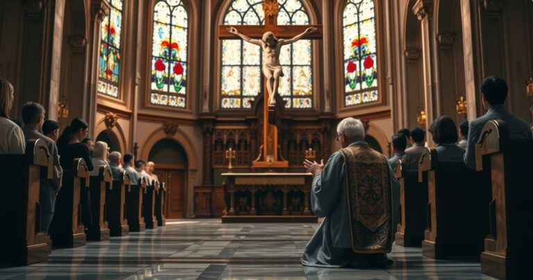 Rekolekcjonista modlący się przed krucyfiksem w klasycznym wnętrzu kościoła, symbolizujący wierność tradycyjnej katolickiej wierze