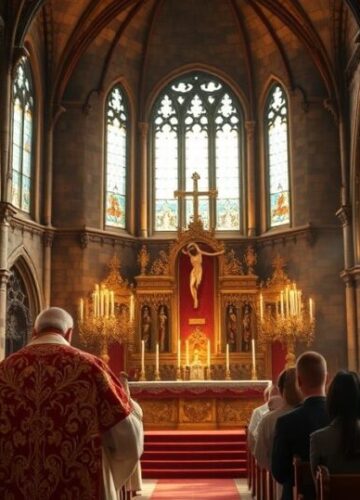 Tradycyjny katolicki obraz w kościele podczas mszy Fotografia realistyczna i pełna szacunku przedstawiająca tradycyjnego kapłana w ornatach przed zgromadzeniem, z krzyżem i świecami w historycznym kościele, ukazującą głębię wiary i pobożności katolickiej.