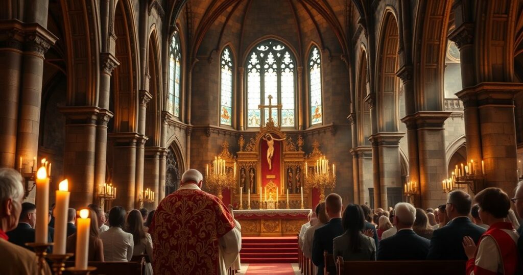 Fotografia realistyczna i pełna szacunku przedstawiająca tradycyjnego kapłana w ornatach przed zgromadzeniem, z krzyżem i świecami w historycznym kościele, ukazującą głębię wiary i pobożności katolickiej.
