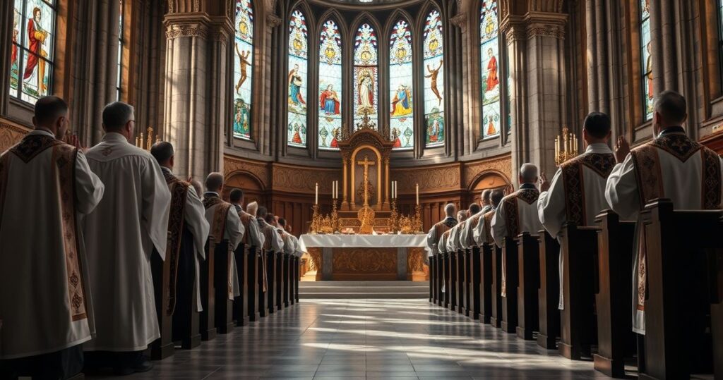 Rezystancki obraz katolickiego kapłana w tradycyjnych szatach podczas liturgii w starej katedrze, symbolizujący wierność tradycji i krytykę nowoczesnych zmian w Kościele