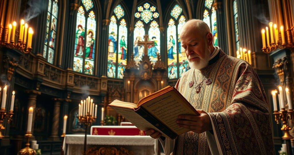 Rewerentne zdjęcie katolickiego duchownego w tradycyjnym kościele, czytającego z Biblii przy ołtarzu, z płomiennymi świecami i witrażami, ukazujące duchową głębię i pokorę.