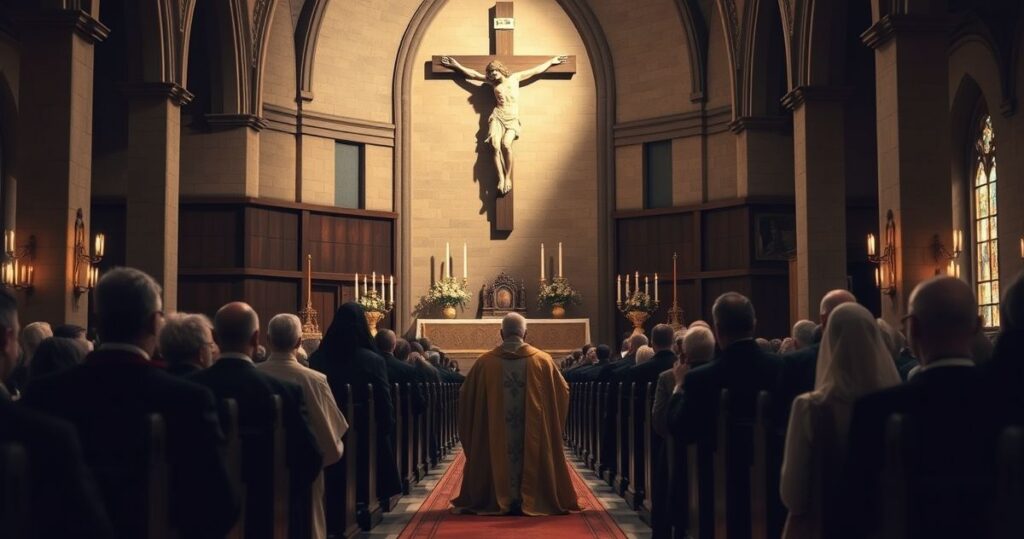 Ołtarz w tradycyjnej katolickiej świątyni z kapłanem modlącym się przed krucyfiksem, ukazujący głęboką pobożność i oddanie Bogu w obliczu współczesnych wyzwań ekumenizmu