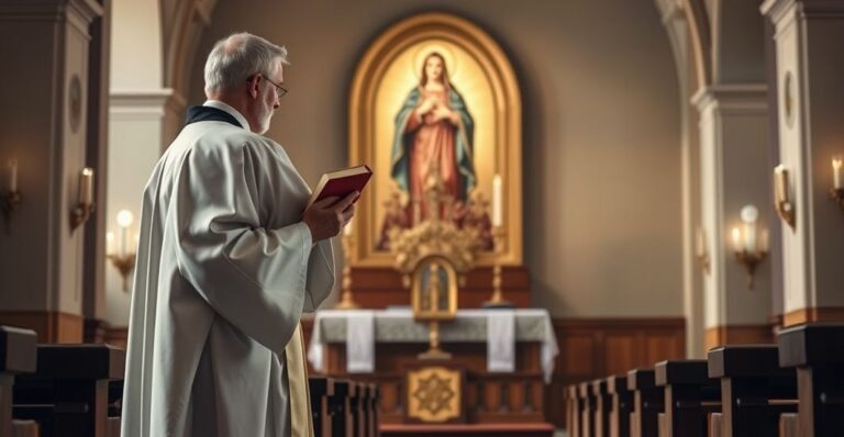 Reverent Catholic priest w modlitewnym skupieniu przy ołtarzu, tradycyjny kościół, obraz autentycznej liturgii bez modernistycznych elementów