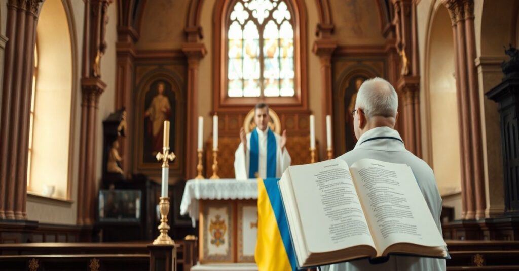Tradycyjny katolicki ołtarz w kościele polskim z kapłanem celebrującym Mszę Świętą, podkreślający duchową esencję artykułu.