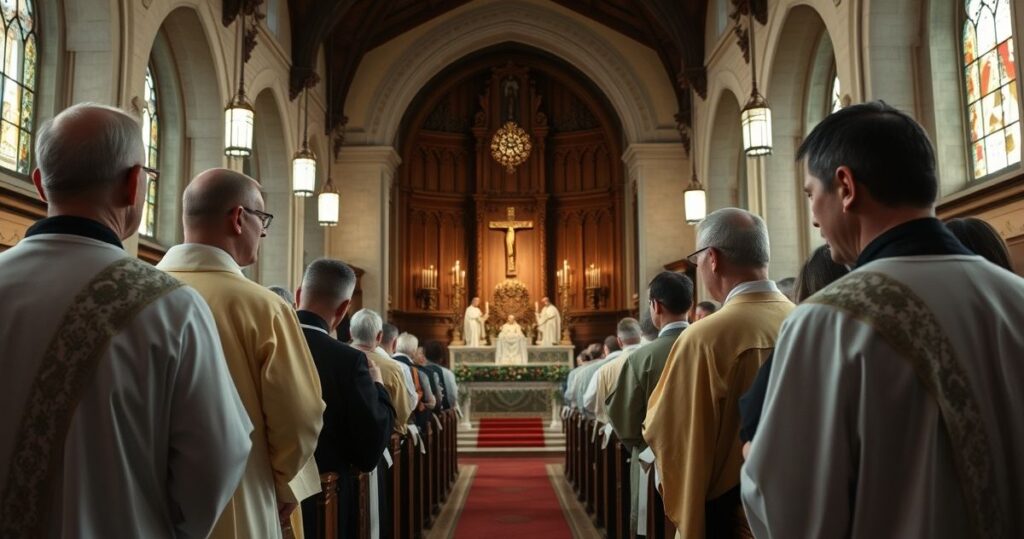 Sanktuarium katolickie podczas pogrzebu z kapłanami w tradycyjnych szatach, wyrazami powagi i czci, ukazujące wierność katolickiej tradycji i odrzucenie modernistycznych tendencji