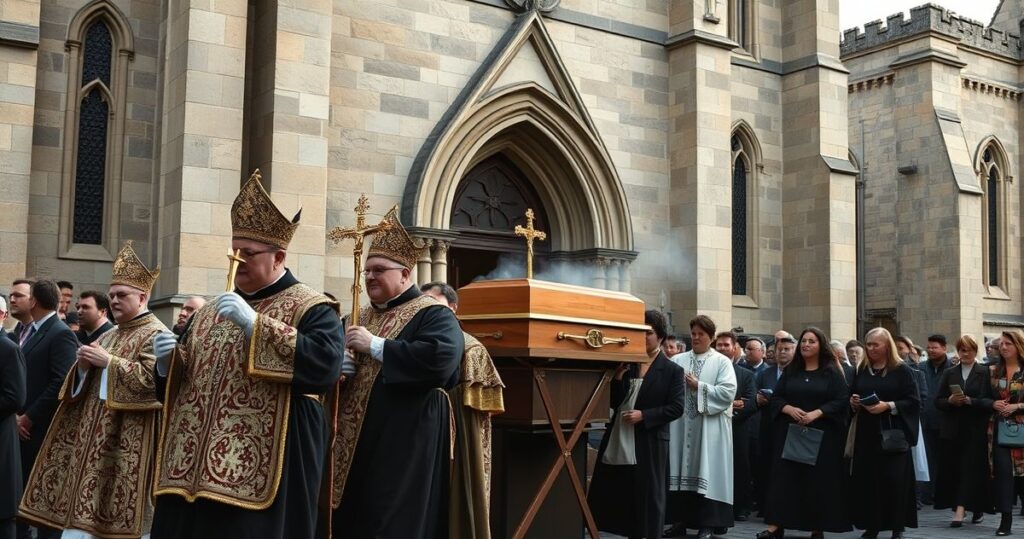 Fotografia realistycznej katolickiej uroczystości pogrzebowej z szacunkiem dla tradycyjnej liturgii i sacrum, ukazująca duchową powagę i kontrowersje wokół duchowieństwa posoborowego.