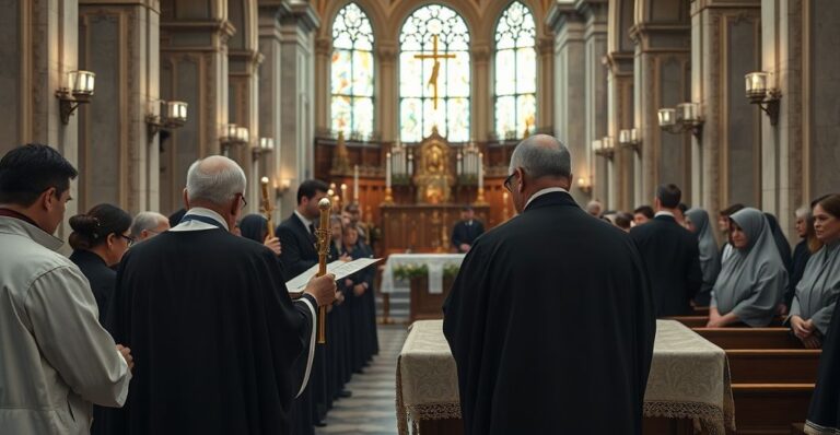 Sentymentalny, realistyczny obraz pogrzebu w tradycyjnej katolickiej świątyni, z kapłanem w liturgicznych szatach i zgromadzonymi wiernymi, podkreślający powagę i sacrum obrzędu pogrzebowego