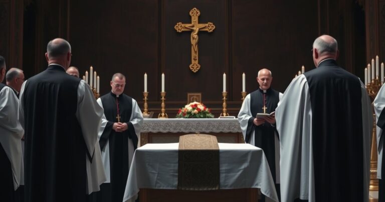 Sanktuarium katolickie podczas pogrzebu z kapłanami w tradycyjnych szatach, wyrazami powagi i czci, ukazujące wierność katolickiej tradycji i odrzucenie modernistycznych tendencji