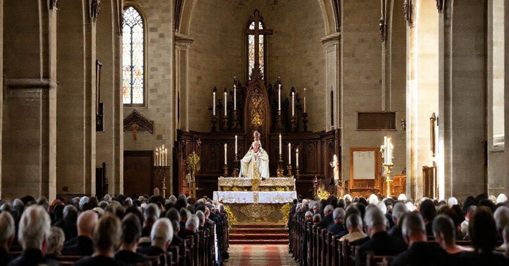 Uroczystość pogrzebowa w tradycyjnym stylu katolickim, z kapłanem w starożytnych szatach liturgicznych, modlącymi się wiernymi i ołtarzem ozdobionym świecami i krzyżami.