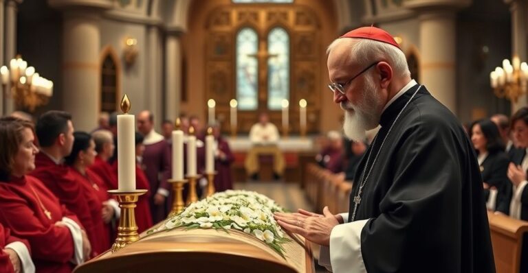 Tradycyjny katolicki kapłan odprawiający pogrzeb, scena liturgiczna, głęboki szacunek, powaga, atmosfera sakralna, realistyczny obraz sakramentu pogrzebu w kościele
