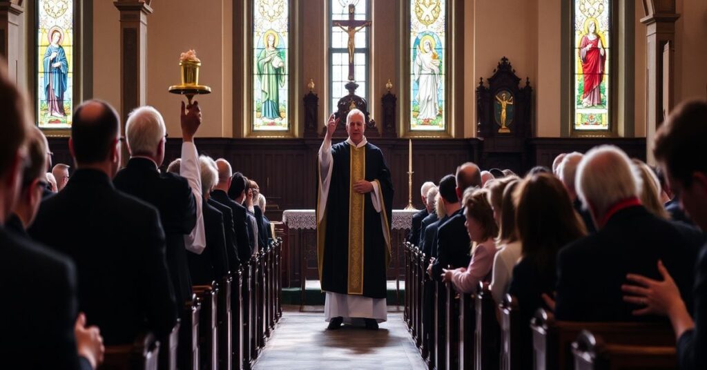 Prawdziwy katolicki pogrzeb z tradycyjną mszą za zmarłego w kościele o tradycyjnym wystroju.