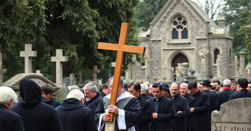 Tradycyjny katolicki pogrzeb z procesją i kapłanem w ornaty, na cmentarzu z grobami i kaplicą.