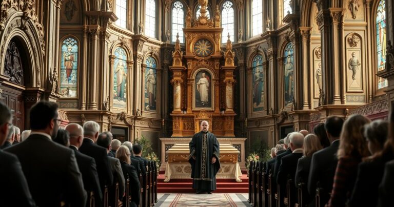Fotografia realistycznego pogrzebu w tradycyjnej katolickiej świątyni, z kapłanem w czerni i wiernymi, symbolizująca powagę i autentyczność od strony sedevacantistycznej