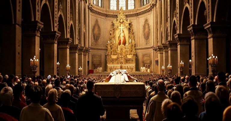 Fotografia realistyczna i pełna szacunku tradycyjnego pogrzebu katolickiego w katedrze, z kapłanami w liturgicznych vestiach, konfesją i żałobnikami, ukazująca autentyczną atmosferę liturgiczną i krytykę modernistycznych praktyk