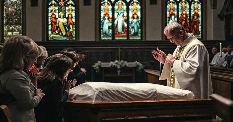Tradycyjny pogrzeb katolicki z księdzem w kasule i surpelu modlącym się nad trumną w kościele. Scena jest poważna i pobożna, podkreślająca rzeczywistość śmierci i potrzebę Bożej łaski.