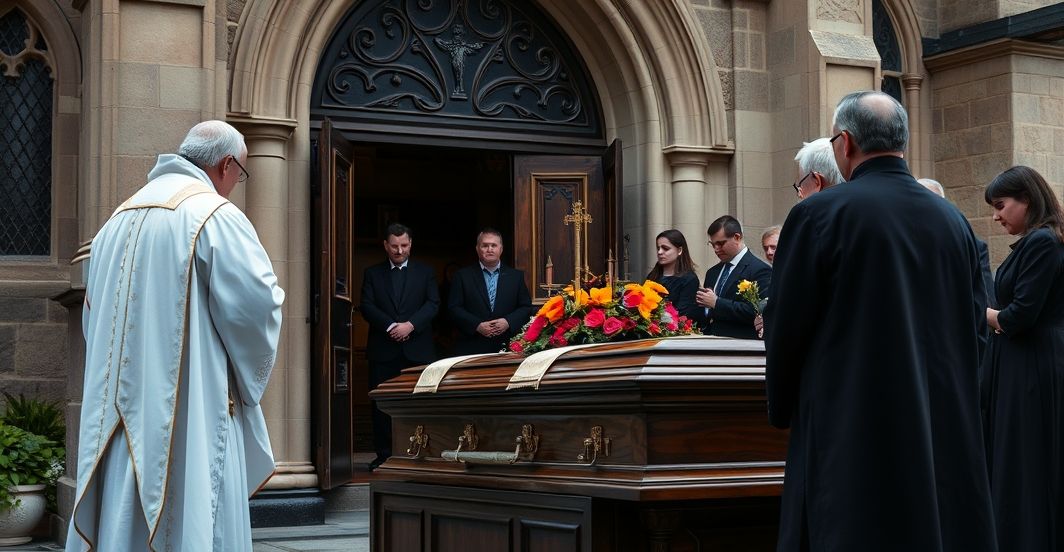 Uroczysta katolicka ceremonia pogrzebowa z kapłanem i wiernymi, podkreślająca świętość ciała i tradycyjny pogrzeb kościelny