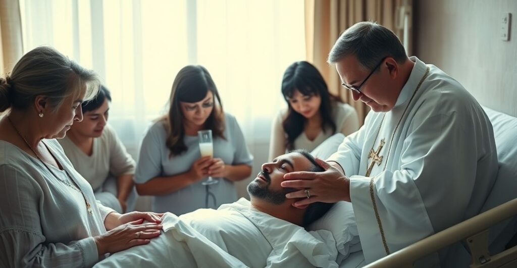 Sobotni, tradycyjny katolicki pogrzeb z księdzem udzielającym ostatniego namaszczenia umierającemu mężczyźnie w szpitalnym łóżku, otoczonemu modlącą się rodziną. Ksiądz trzyma krzyż i wodę święconą, a rodzina klęczy w pokorze. Scena jest oświetlona miękkim, naturalnym światłem, wywołując poczucie pokoju i boskiej obecności. Twarz umierającego wyraża spokój, odzwierciedlając katolickie nauki o świętości życia i nadziei zbawienia. Zdjęcie podkreśla świętość momentu i ważność sakramentów w obliczu śmierci.