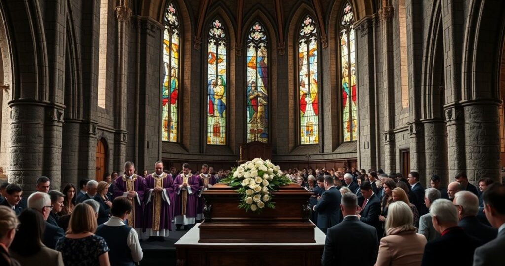 Realistyczny obraz katolickiego pogrzebu w tradycyjnym stylu, z duchownymi w liturgicznych szatach, trzymającymi trumnę, w skupionej, pełnej szacunku atmosferze kościelnej uroczystości