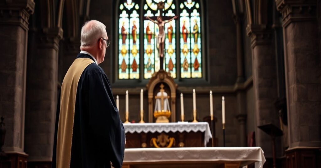 Sobór katolicki z tradycyjnym ołtarzem i kapłanem w szacie liturgicznej