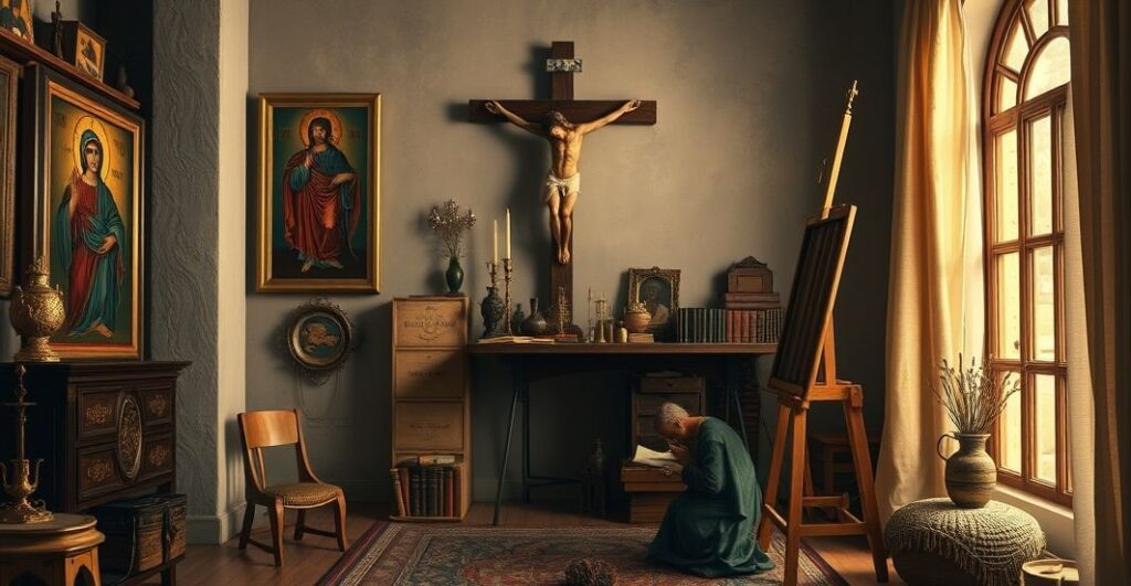 Reverentna scena katolickiego artysty w kościelnym studio z krucyfiksem i ikonami, oddająca duchową głębię i tradycyjną pobożność
