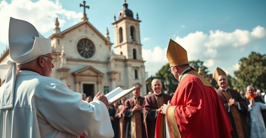 Kapłani katoliccy w tradycyjnych szatach podczas uroczystej liturgii na zewnątrz, podkreślający powagę i wierność tradycji, przeciwstawiający się modernistycznym tendencjom
