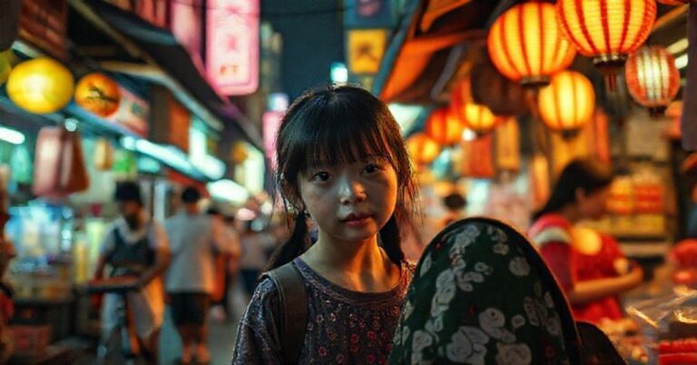 Tradycyjny katolicki widok dziewczynki I-Jing na targowisku w Tajwanie symbolizujący konflikt z tradycją i relatywizmem moralnym.