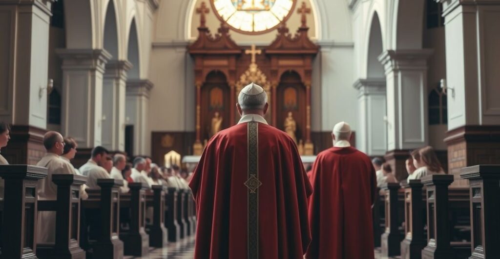 Reverentny obraz tradycyjnego katolickiego kościoła z kapłanem i biskupem w liturgicznym kontekście, symbolizujący autentyczną hierarchię Kościoła.