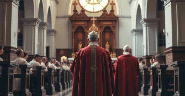 Reverentny obraz tradycyjnego katolickiego kościoła z kapłanem i biskupem w liturgicznym kontekście, symbolizujący autentyczną hierarchię Kościoła.